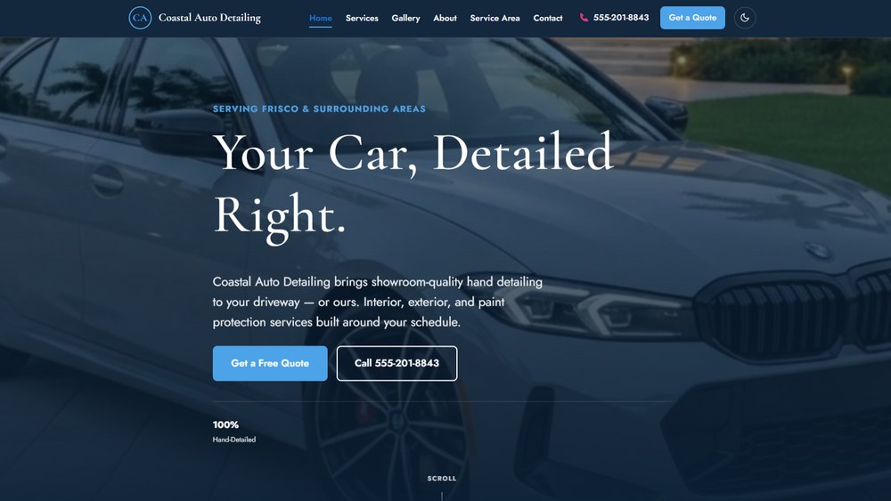 Coastal Auto Detailing's real public website, built on Morium's website add-on